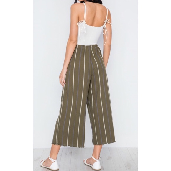 OLIVE STRIPE HIGH-WAIST WIDE LEG BOHO PANTS - Picture 2 of 5
